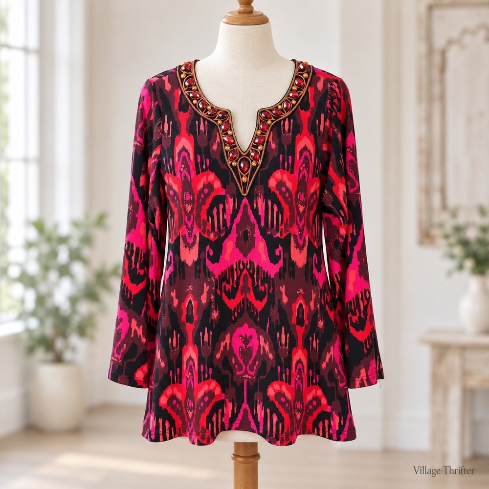 Bob Mackie Tunic Top Womens L Pink Red Ikat Beaded Split Neck Boho Maximalist
